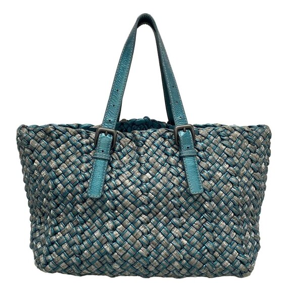 Auth BOTTEGA VENETA Intrecciato - Blue Green Silver Leather Chemical Fiber - Picture 1 of 16